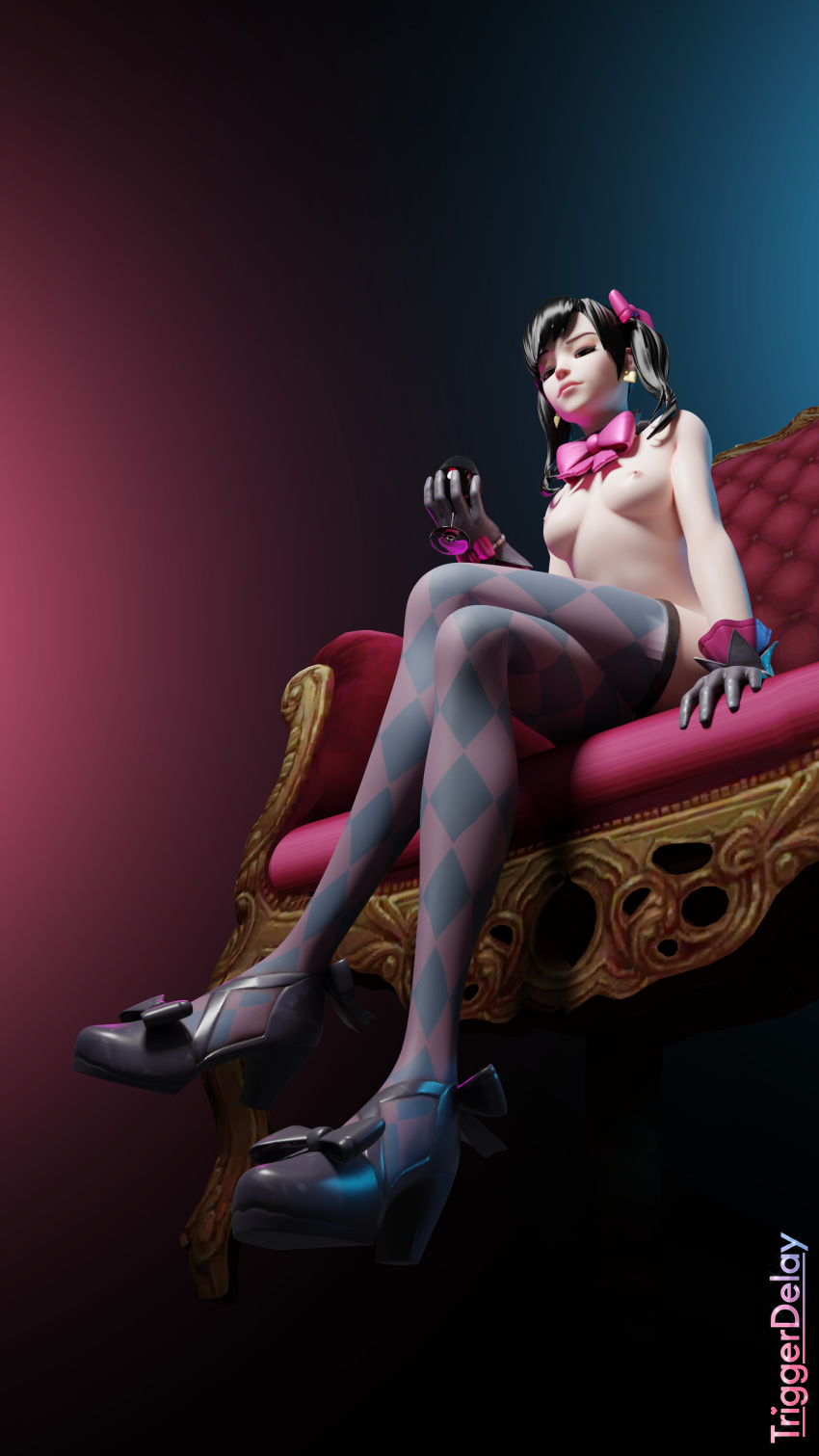 3d black_cat_d.va breasts d.va female_only from_below gradient_background leggings looking_at_viewer medium_breasts overwatch sitting_on_chair small_breasts throne triggerdelay view_from_below viewed_from_below wine_glass