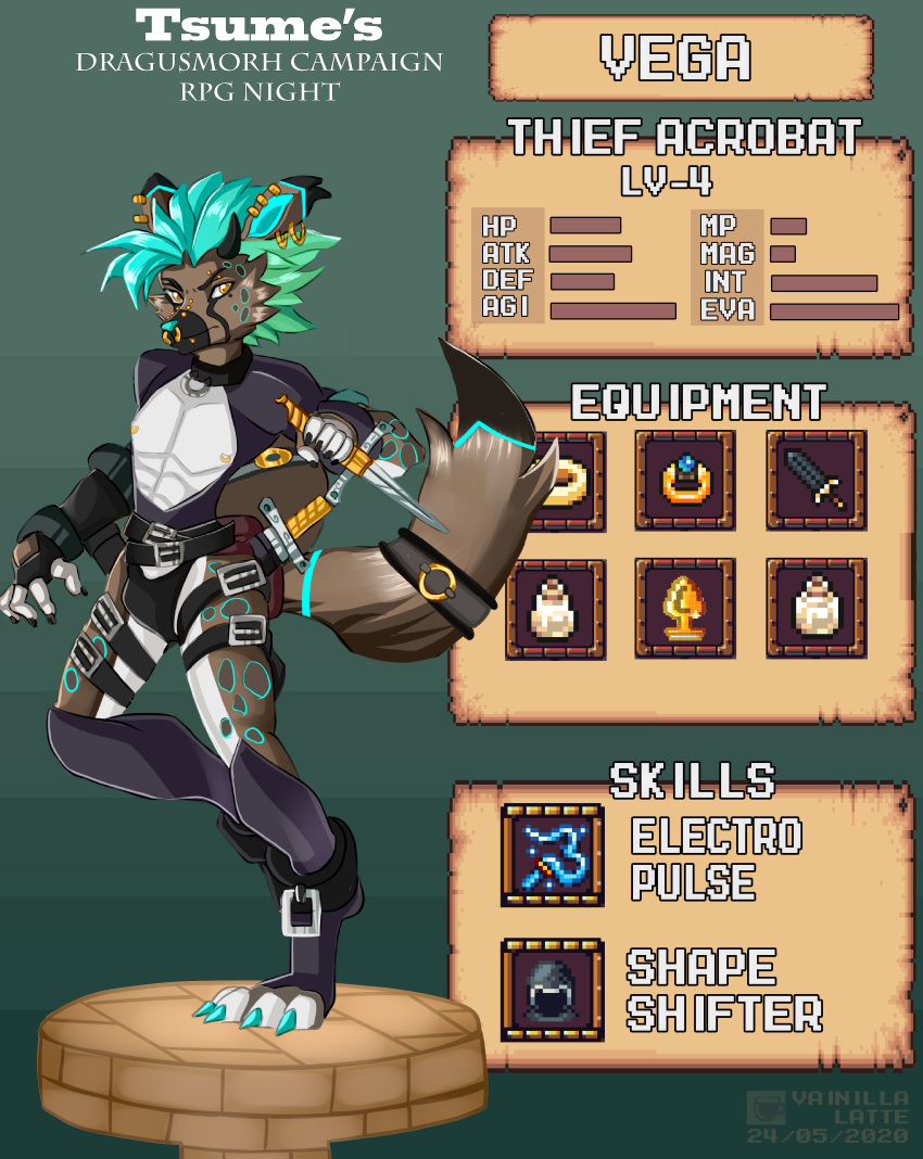 5_fingers absurd_res anthro armor belt blue_hair blue_toes collar cuffs_(clothing) dagger dragusmorh ear_piercing english_text facial_piercing fingers hair hi_res leather leather_armor male melee_weapon nose_piercing nose_ring piercing solo spots_(marking) text tsume_yifu vainilla_latte weapon white_chest