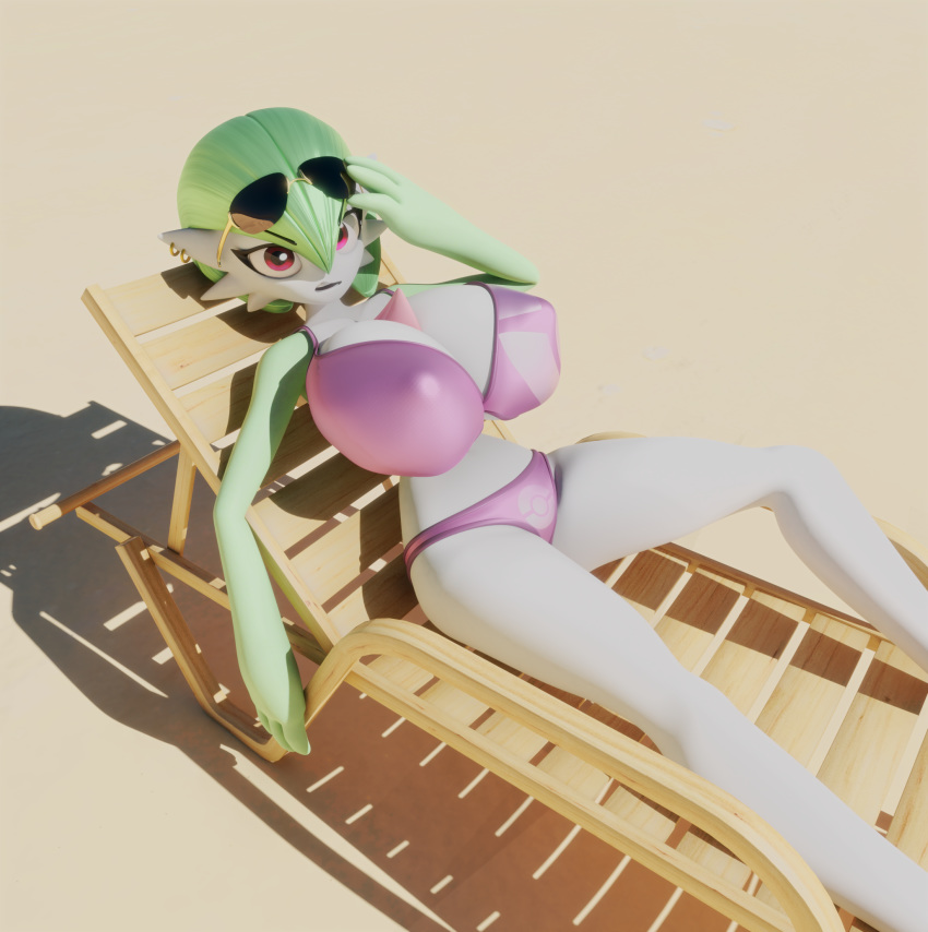 3d 3d_(artwork) anthro beach beach_chair bikini blender_(software) breasts gardevoir green_hair large_breasts looking_at_viewer pokémon_(species) pokemon pokemon_(species) sunglasses sunglasses_on_head tradelt