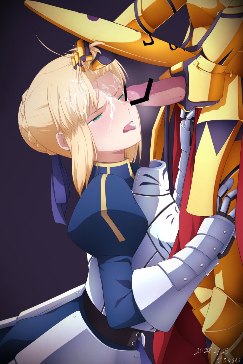 1boy 1girls 2020 ahoge aqua_eyes armor armored_dress artoria_pendragon bar_censor blonde_hair blue_dress blue_ribbon braid braided_bun censored closed_mouth clothed_sex cum cum_in_mouth cum_on_hair dated dress facial fate/stay_night fate_(series) faulds female female_focus gauntlets gilgamesh gilgamesh_(fate) hair_ribbon half-closed_eyes highres male penis pikoguramyu purple_background ribbon saber short_hair straight tongue tongue_out