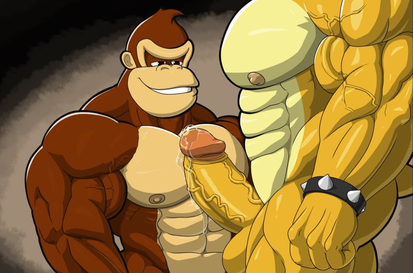 2boys abs anthro ape balls big_balls big_pecs big_penis bodily_fluids bowser cum cum_on_chest cum_on_penis donkey_kong donkey_kong_(series) duo erection genital_fluids genitals gorilla haplorhine koopa looking_at_penis male male/male male_only mammal mario_(series) monkey multiple_boys muscular nanbuskhan nintendo nipples pecjob pecs penis primate scalie sex simple_background smile standing testicles vein veiny_penis video_games