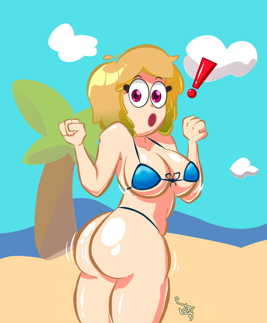 1girls ass beach big_ass big_breasts big_butt bikini breasts chica_(fnafhs) fnafhs fnafhs_z3ro jarrotxx looking_back open_mouth surprised tagme