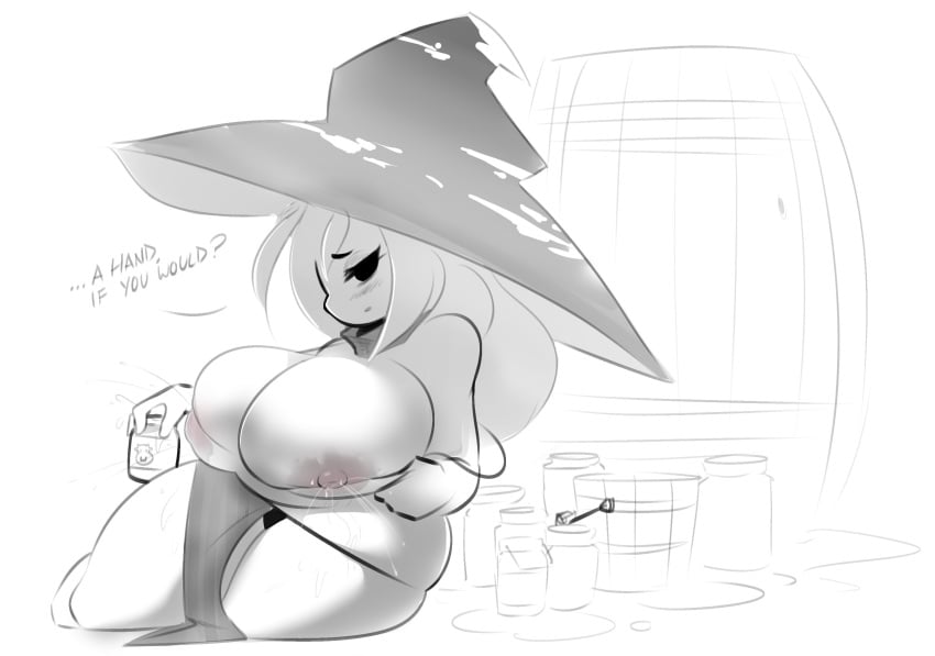 anthro big_breasts breasts citrina_(unyin) lactation monochrome mushroom mushroom_girl mushroom_hat sketch solo solo_female text thick_thighs thighs unyin witch witch_hat