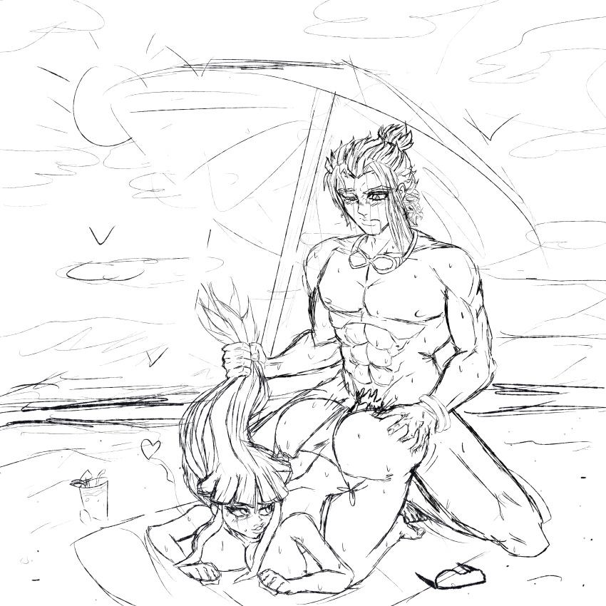 abs beach big_ass big_breasts bikini_aside bracelet doggy_style from_behind_position goggles_around_neck jadey muscles muscular_male original_character pleasure_face ponytail ponytail_hold pubic_hair pulling_hair sketch straight top-down_bottom-up umbrella