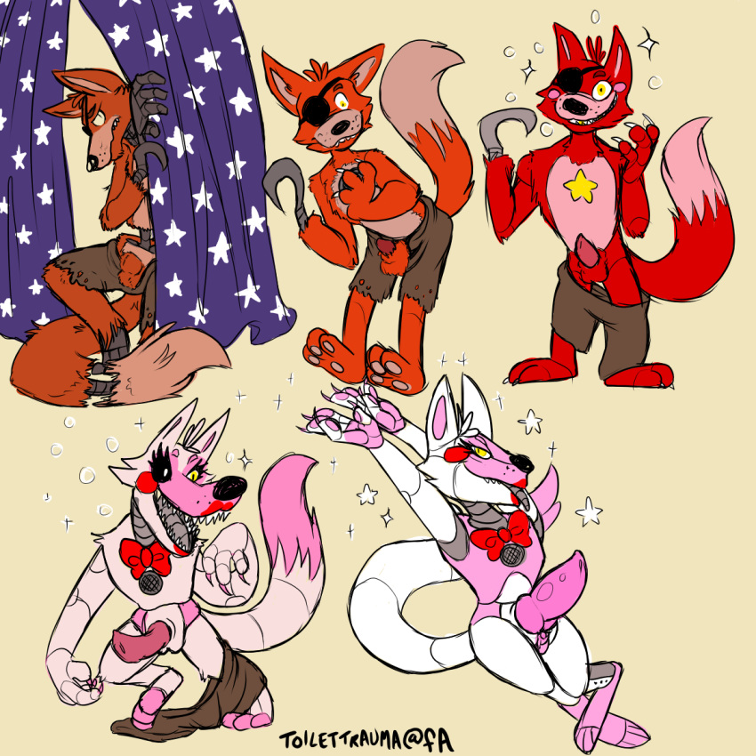 5boys anthro eye_patch five_nights_at_freddy's five_nights_at_freddy's_2 fox fox_tail foxy_(fnaf) freddy_fazbear's_pizzeria_simulator funtime_foxy funtime_foxy_(fnaf) funtime_foxy_(fnafsl) furry hook_hand male male_only mangle_(fnaf) multiple_boys penis pink_fur red_fur rockstar_foxy simple_background sister_location tagme toilettrauma video_games white_fur yellow_eyes