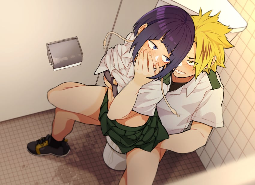 1boy 1girls absurdres ambiguous_penetration arched_back bathroom black_eyes blonde_hair blue_eyes bra bra_lift breasts clothing covering_mouth denki_kaminari earplugs emo eyelashes eyeshadow female fringe hidden highres human implied_sex kobaji kyoka_jiro looking_back my_hero_academia nipple_slip nipples open_mouth peeing pleasure_face pleated_skirt purple_hair reverse_cowgirl_position school_uniform schoolgirl sex_under_skirt shirt_lift shoes short_hair short_sleeves sitting sitting_on_person skinny skirt small_breasts smile spread_legs straight sweat teenager toilet toilet_seat u.a._school_uniform underwear yellow_eyes