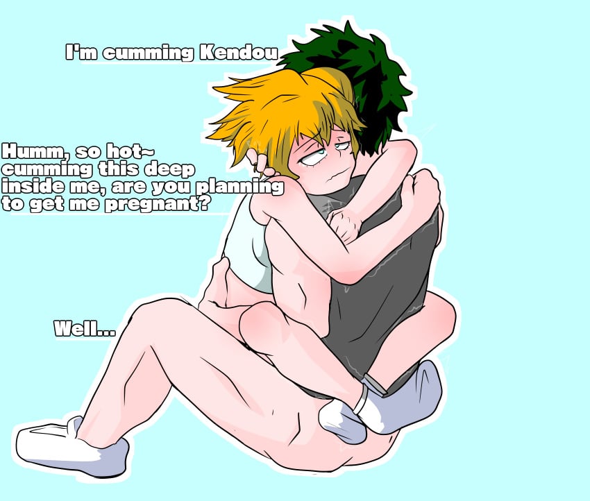 1boy 1girls big_penis blue_eyes bottomless breeding_risk cowgirl_position cry faceless_male female green_hair hug huge_cock hugging implied_cum_inside implied_impregnation impregnation impregnation_risk itsuka_kendou izuku_midoriya kendou_itsuka leg_lock legs_behind_back light-skinned_female light-skinned_male light_skin lotus_position male male/female midoriya_izuku muscular muscular_male my_hero_academia orange_hair sex shoes sitting_on_penis socks straight tears text trembling wellllll