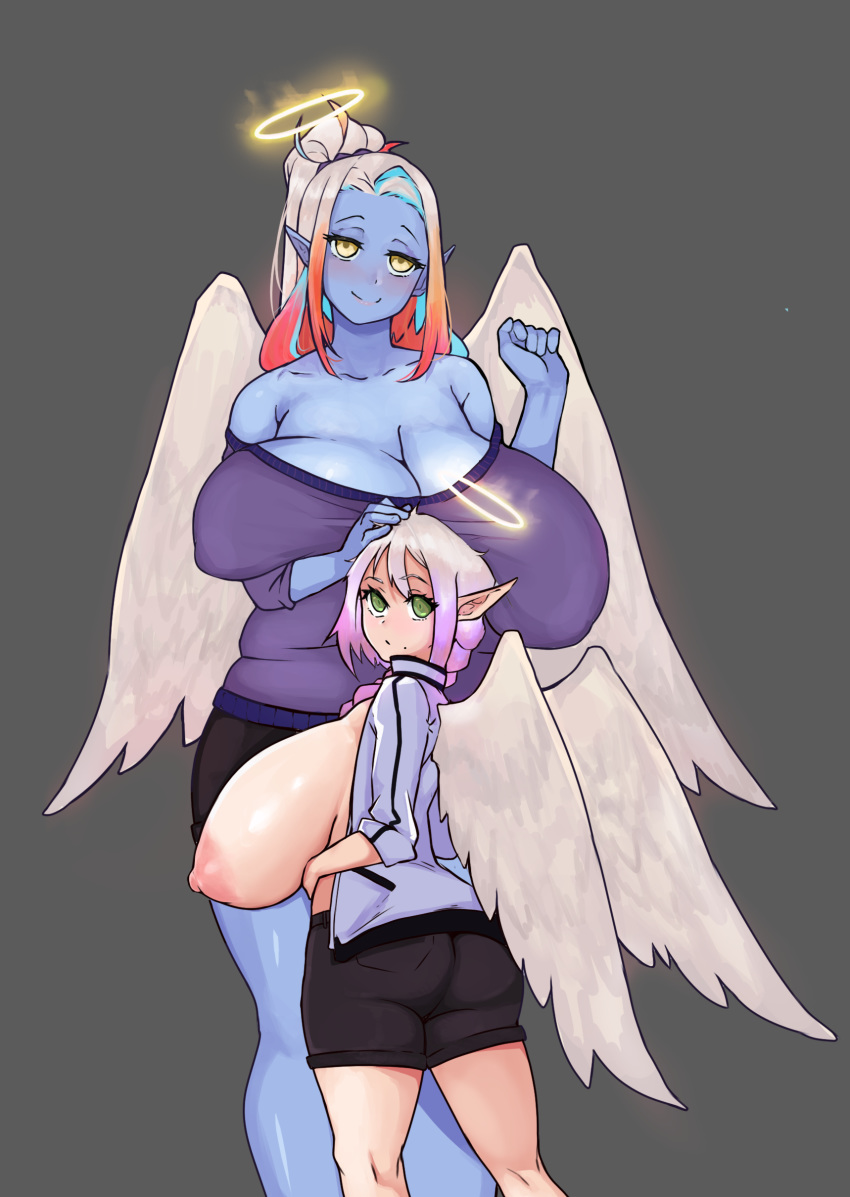 angel angel_wings areolae breasts cleavage eonbound female gilf huge_breasts looking_at_viewer married_couple milf nipples phessian sagging_breasts size_difference todding yuri