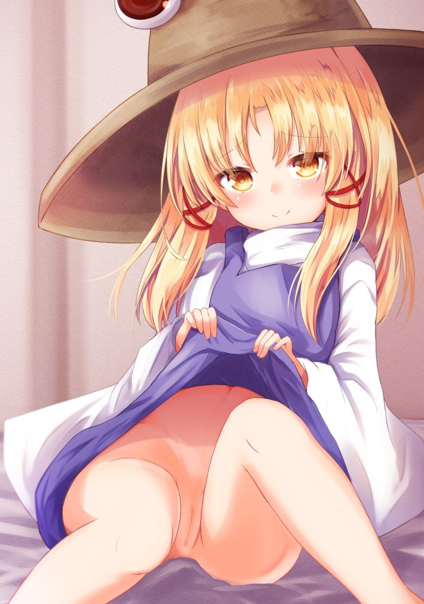 bangs baram blonde_hair blush brown_headwear censored closed_mouth commentary_request eyebrows_visible_through_hair female hair_ribbon highres lifted_by_self long_hair long_sleeves navel no_panties pussy red_ribbon ribbon sidelocks sitting smile solo suwako_moriya touhou wide_sleeves yellow_eyes