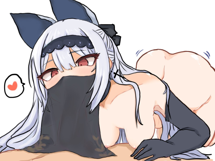 1boy ass black_gloves blush bow breasts choker cross cross_earrings drop_earrings earrings elbow_gloves eyelashes fellatio_under_mask fellatio_under_veil female floral_print girls'_frontline gloves hairbow hanging_breasts heart implied_fellatio implied_oral jewelry labyrinth_of_the_dark lace-trimmed_hairband long_hair mouth_veil nipples nude red_eyes ro_(aahnn) simple_background small_breasts spoken_heart tokarev_(girls_frontline) tsurime veil very_long_hair white_background white_hair