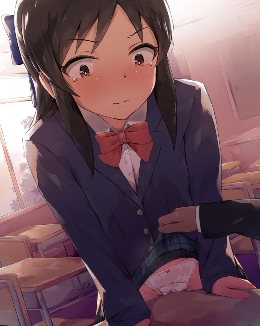 bangs black_hair black_jacket blazer blue_bow blush bow bow_panties bowtie brown_eyes chair closed_mouth collared_shirt crotch_rub day desk dress_shirt eyebrows_visible_through_hair female green_skirt hairbow highres idolmaster idolmaster_cinderella_girls indoors jacket lifted_by_another long_hair long_sleeves looking_at_viewer out_of_frame panties parted_bangs plaid plaid_skirt pleated_skirt red_neckwear school_chair school_desk school_uniform seneto shirt skirt skirt_lift sleeves_past_wrists solo_focus table_humping tachibana_arisu tears underwear v-shaped_eyebrows white_panties white_shirt window