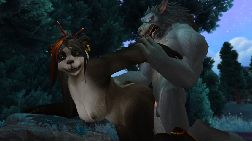 16:9 3d_(artwork) all_fours anthro blizzard_entertainment canid doggy_style duo female from_behind_position hi_res ilikepandaren male mammal pandaren sex straight ursid video_games warcraft were werecanid widescreen worgen world_of_warcraft