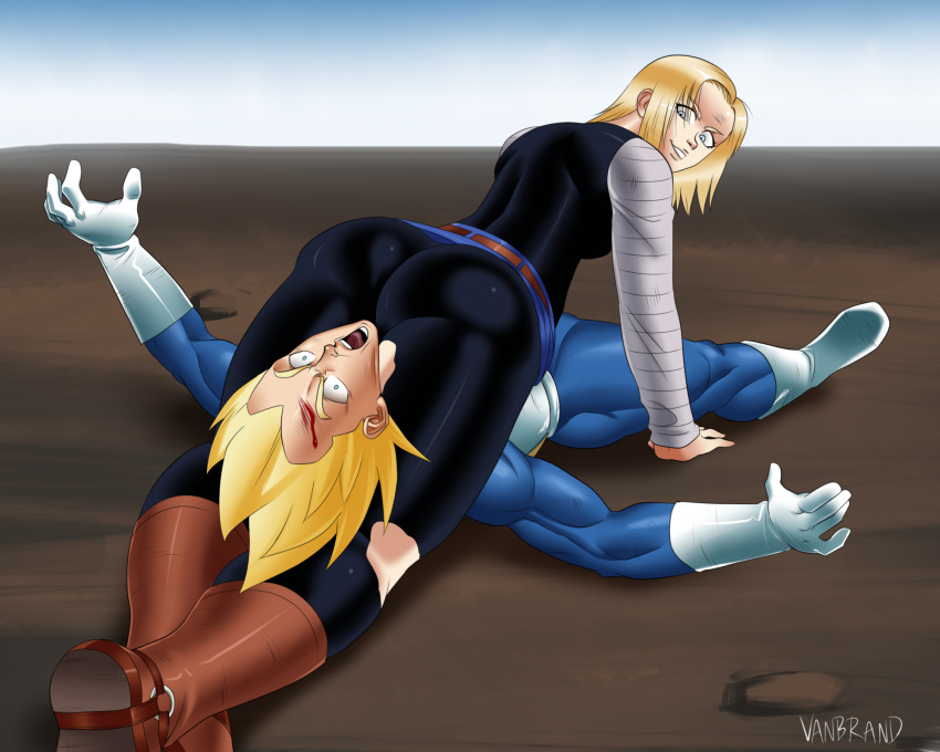 android_18 blonde_hair boots choke_hold choking curvy dominant_female domination dragon_ball femdom fighting headscissor leggings ripped_clothing submission_hold super_saiyan vanbrand vegeta