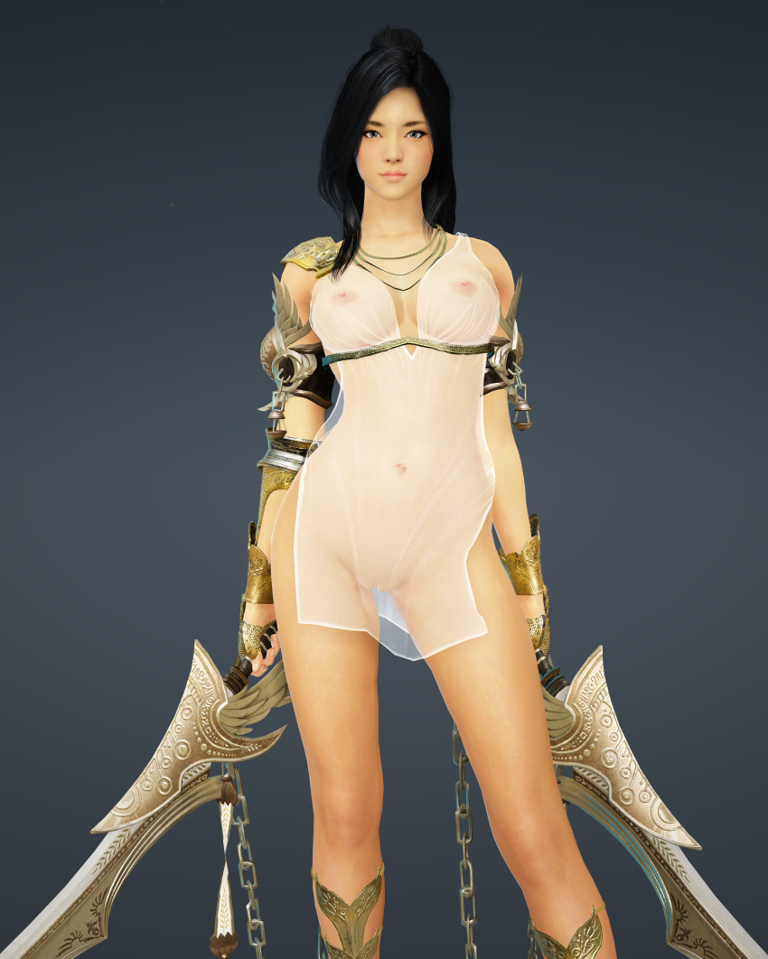 3d areolae asian athletic big_breasts black_desert_online breasts cute female fit lahn long_hair model nipples original_character posing pussy see-through shaved_pussy sword teenager thekarabee vagina weapon young