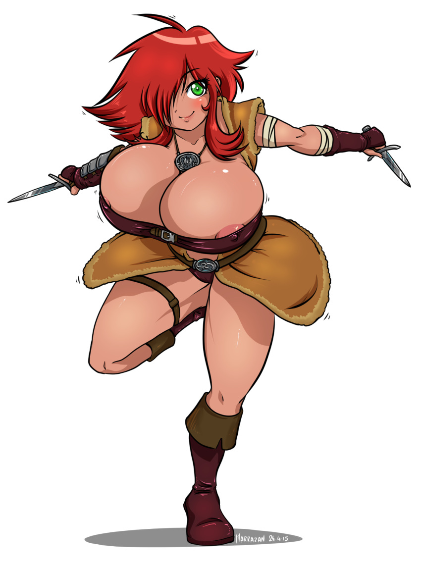 1girls areola_slip areolae areolae_slip breasts dagger female female_only gigantic_breasts green_eyes hair_over_one_eye huge_breasts katt_(kristinakatt) looking_at_viewer marrazan muscular_female red_hair rogue simple_background skimpy_clothes skyrim smiling solo solo_female the_elder_scrolls thief thong white_background