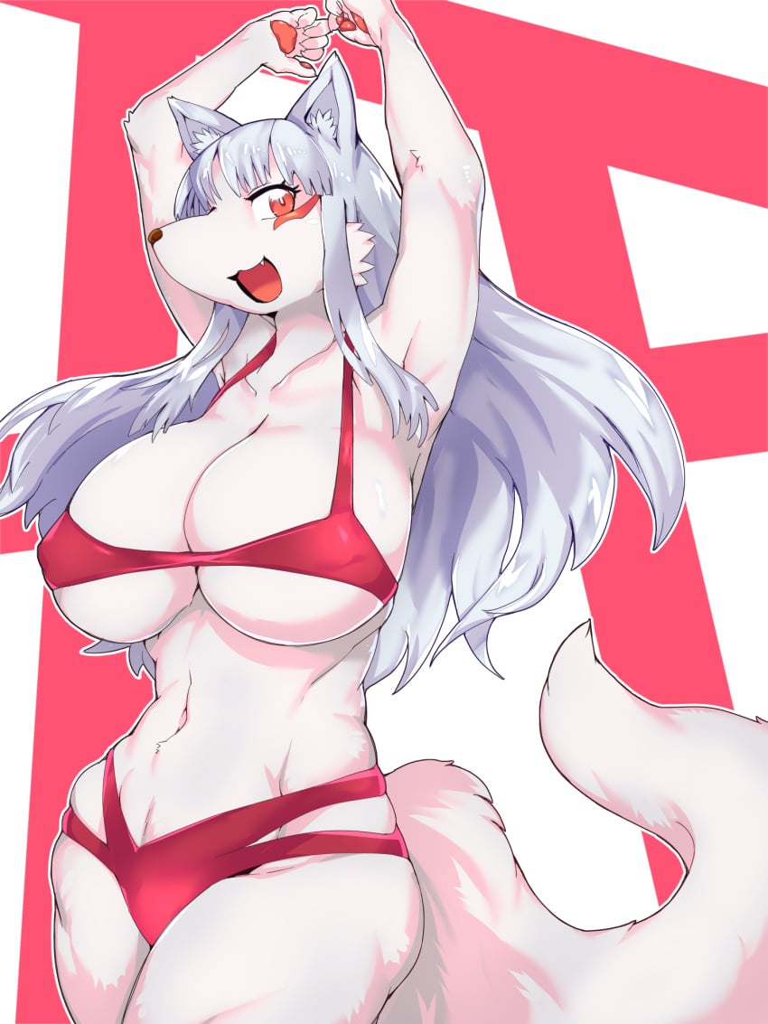 anthro bikini breasts canine curvy female fox fur furry high_resolution high_school_inari_tamamo-chan! large_breasts long_hair mammal red_eyes solo swimsuit tail tamamo_fushimi white_fur