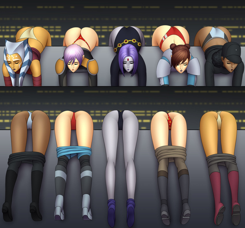 5girls ahsoka_tano arched_back ass bent_over bob_cut bondage boots brown_hair captured ciena_ree clone_wars clothed crossover dark-skinned_female dark_skin dc dc_comics defeat defeated face_down_ass_up female_only footwear harem imperial_officer interspecies legs lineup long_hair mandalorian mind_break neonatos64 panties pink_hair purple_hair rachel_roth raven_(dc) restrained sabine_wren sex_slave shoes short_hair slave star_wars star_wars_rebels straight_hair take_your_pick teacher_and_student teen_titans thong togruta top-down_bottom-up torra_doza underwear white_hair