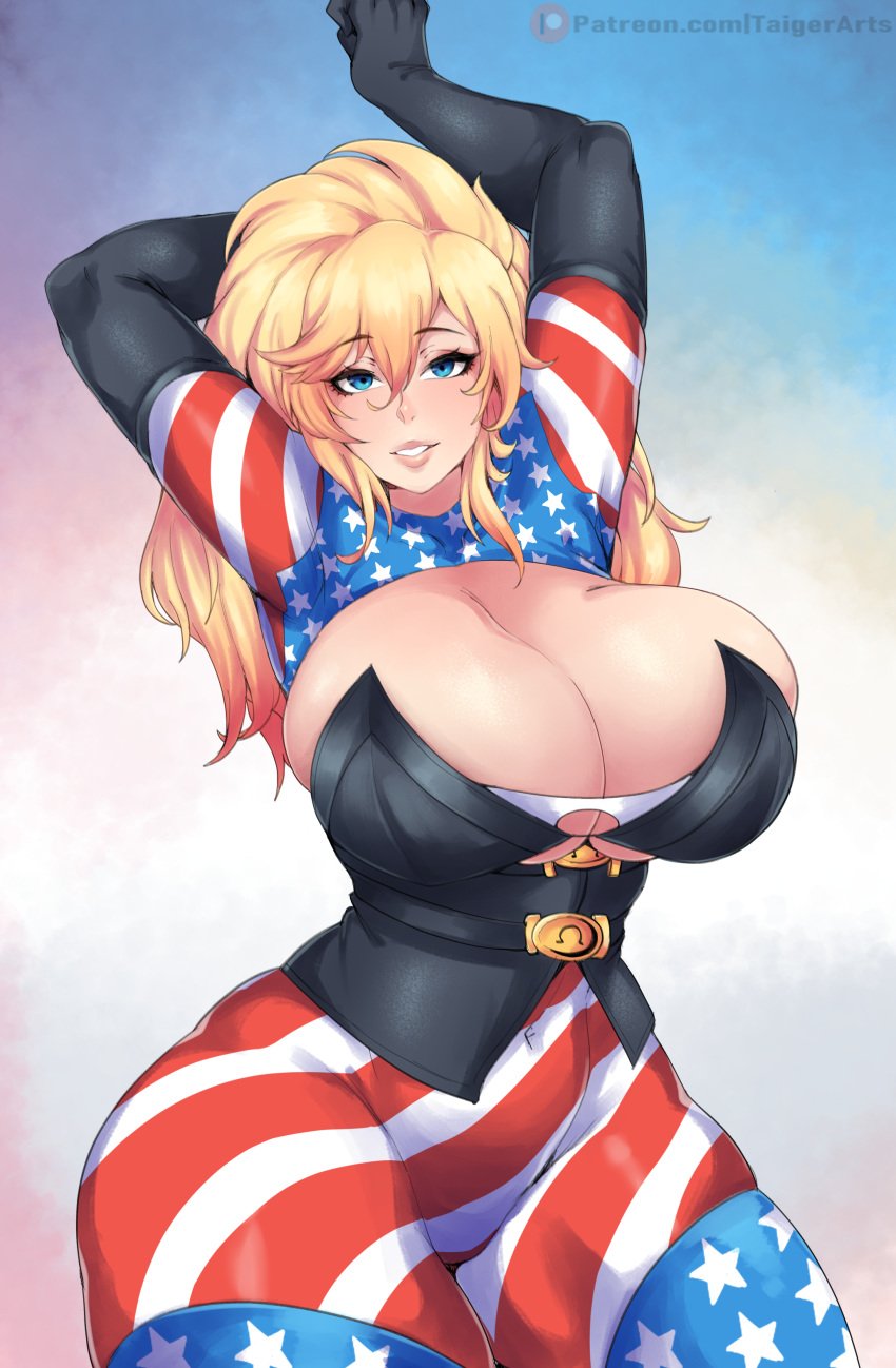 1girls american_flag american_flag_bodysuit american_flag_legwear big_breasts blonde_hair blue_eyes breasts cleavage curvaceous female female_focus huge_breasts patriotika solo solo_female solo_focus superheroine taigerarts thick thick_thighs wide_hips