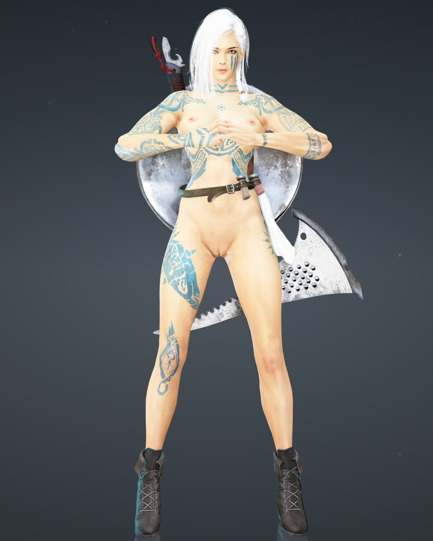 3d areolae athletic axe big_breasts black_desert_online boots breasts cute female fit guardian_(black_desert) long_hair model nipples original_character posing pussy shaved_pussy shield tattoo teenager thekarabee vagina weapon white_hair young