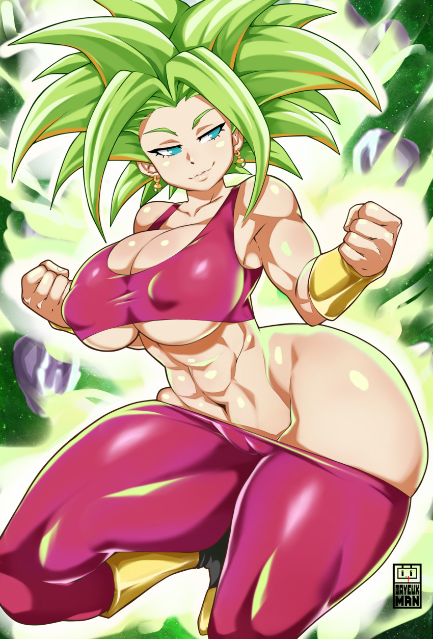 1girls abs aura bayeuxman big_breasts blue_eyes boots cleavage covered_nipples dragon_ball dragon_ball_super female female_only fusion green_hair kefla legendary_super_saiyan muscular_female nipples nipples_visible_through_clothing saiyan solo solo_female solo_focus super_saiyan super_saiyan_2 underboob