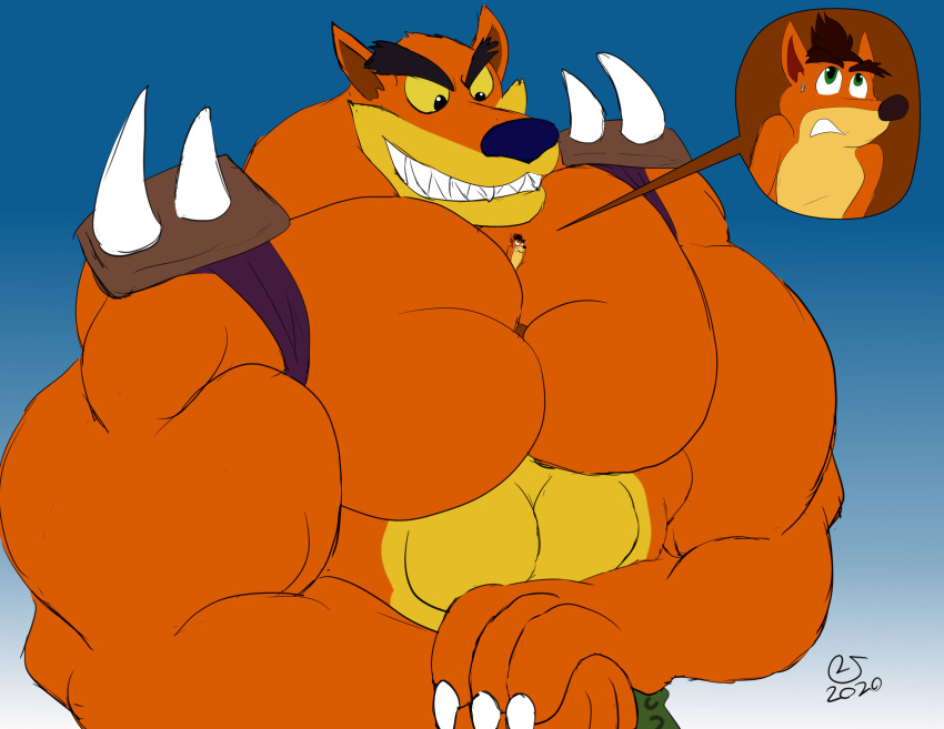 2020 2boys abs anthro bandicoot bara biceps black_nose caseyljones colored crash_(series) crash_bandicoot flex flexing furry gay giant green_eyes huge_muscles hyper_pecs kenji_kuroneki larger_male macro male male/male male_only mammal marsupial muscles muscular muscular_male orange_fur pecs signature smaller_male spikes squish tagme thylacine tiger tiny_tiger video_games yellow_eyes