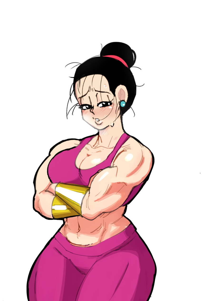 big_breasts chichi cosplay dragon_ball dragon_ball_super hair_in_bun huge_ass huge_breasts kefla_(cosplay) milf muscular_female naughty_face pink_legwear pink_sports_bra seductive sports_bra sweat thick_thighs