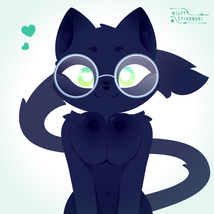 absurd_res anthro black_body black_fur breasts domestic_cat eyewear felid feline felis female fur glasses green_eyes hi_res invalid_tag mammal solo wolfy_cyberware