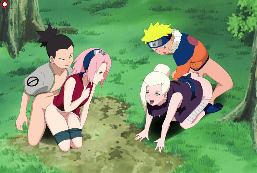 2girls all_fours anal anal_sex bent_forward bent_over blonde_hair blue_eyes clothed_sex cristalmanor doggy_style female ino_yamanaka ino_yamanaka(genin) male nara_shikamaru naruto naruto_(classic) naruto_(series) on_knees pussy sakura_haruno sakura_haruno(genin) sex teenager tongue tongue_out uzumaki_naruto vaginal_penetration young