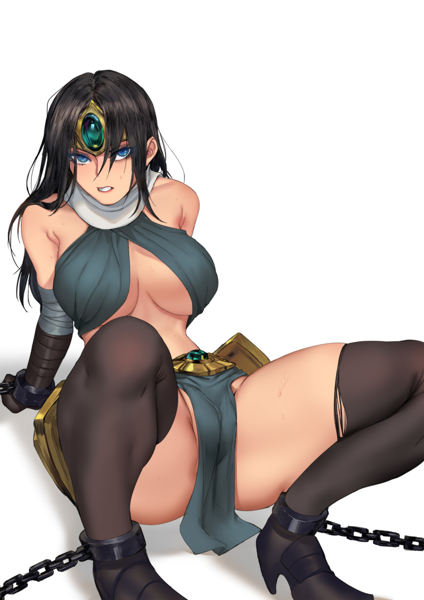 1girls ass big_ass big_breasts black_hair blue_eyes bondage breasts chains female female_only league_of_legends looking_at_viewer pd pussy riot_games see-through sivir