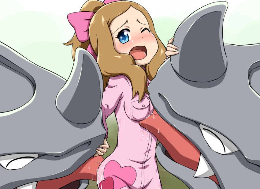 1girls alpha_channel blue_eyes blush breasts brown_hair closed_eyes fangs female hair_ribbon hanyapunifu heart horn human interspecies jumpsuit licking long_hair nintendo open_mouth pocket pokemon pokemon_(anime) pokephilia ponytail rhyhorn rhyhorn_racer_uniform ribbon saliva serena_(pokemon) sexually_suggestive sweat tied_hair wince