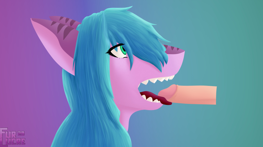 16:9 4k absurd_res anthro duo fellatio female female_focus fish fur-lucre genitals gradient_background green_eyes hair hi_res long_hair male marine open_mouth oral penile penis sex shark simple_background solo_focus straight stripes teeth tongue tongue_out widescreen wildberry