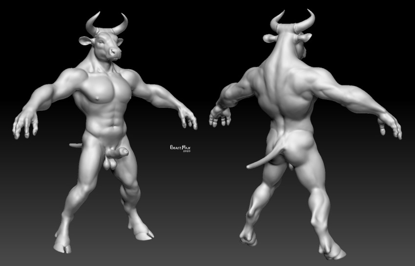 anthro balls beastmilk bovid bovine erection genitals horn male male_only mammal monochrome nude penis sculpt solo