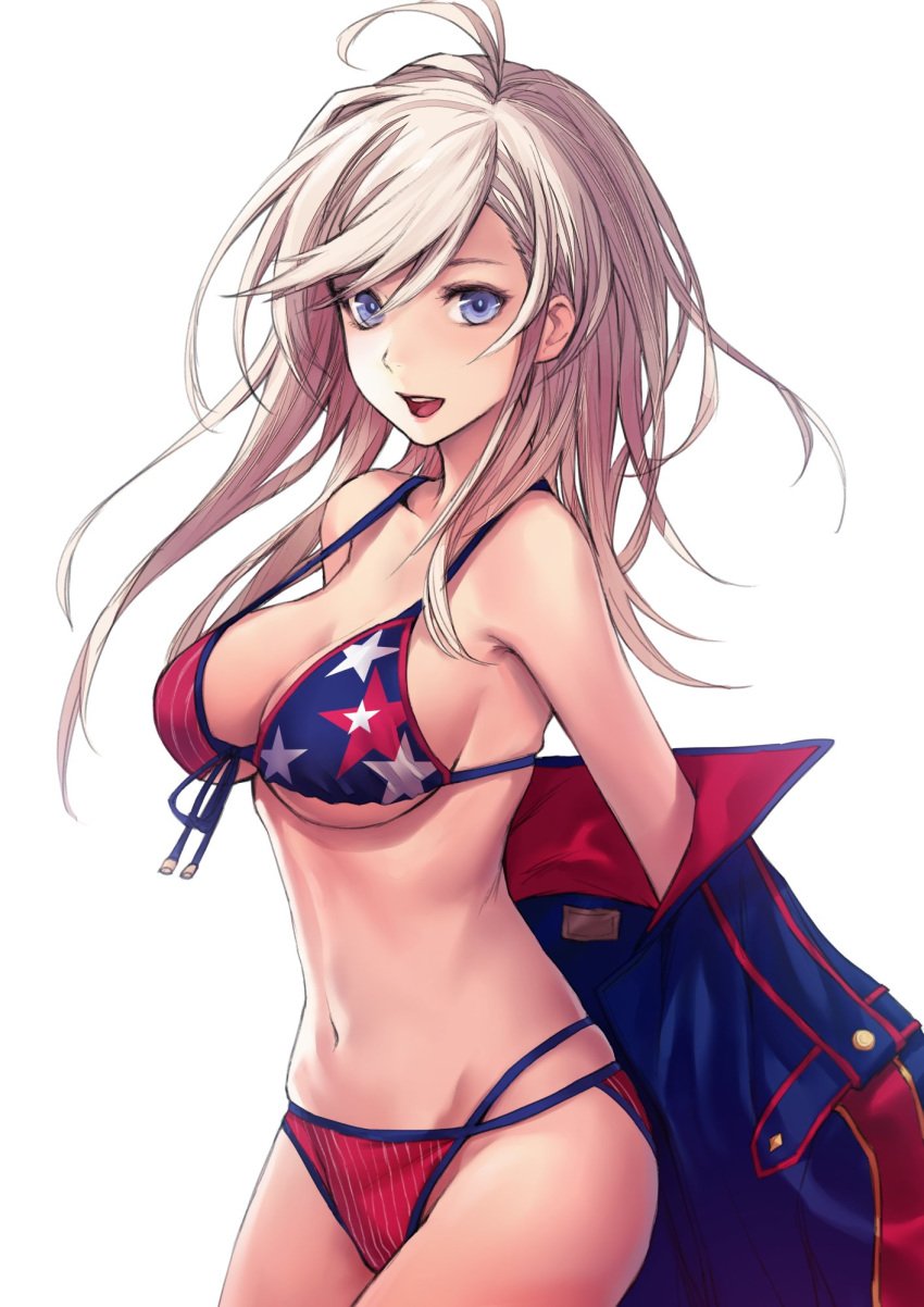 1girls american_flag american_flag_bikini ass bikini blue_eyes breasts fate/grand_order fate_(series) hair_down happy jacket jacket_removed large_breasts long_hair looking_at_viewer miyamoto_musashi_(fate) miyamoto_musashi_(swimsuit_berserker) showing_off swimsuit taking_off_jacket thighs white_background white_hair