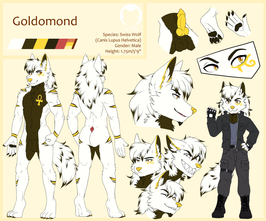 absurd_res anthro ass balls canid canine canis clothed clothing digital_media_(artwork) english_text erection fur genitals goldomond hi_res knot looking_at_viewer male mammal markings model_sheet nude open_mouth penis simple_background smile solo text tigerinspace watermark wolf