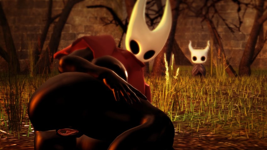 3d anthro big_ass big_breasts black_skin cape cloak fat forest ground hollow_knight hornet_(hollow_knight) ilovememes lying mask orange_background protagonist_(hollow_knight) red_cape red_clothing scenebuild self_upload source_filmmaker vagina