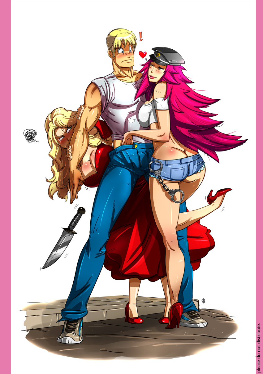 1boy 2girls cody_travers comic daisy_dukes final_fight high_heels jealous jessica_haggar kamina1978 poison_(final_fight) speech_bubble street_fighter tagme tight_clothing