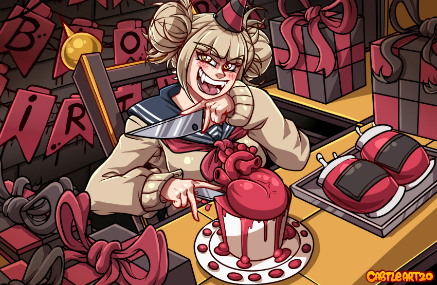 birthday birthday_gift birthday_hat birthday_party blood blood_bag bloody_knife blush cake castleart chair crazy_eyes evil_smile fangs female heart himiko_toga knife my_hero_academia pale-skinned_female pale_skin party_hat schoolgirl_uniform smiling smiling_at_viewer yandere yellow_eyes