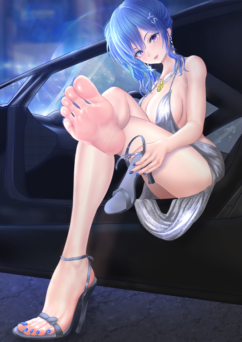 1girls alternate_costume azur_lane barefoot big_breasts blue_hair blue_nail_polish blue_nails blue_toenails car crossed_legs dress feet female female_only foot_focus heels high_heel_sandals high_heels jewelry legs legs_crossed light-skinned_female light_skin looking_at_viewer nail_polish necklace official_alternate_costume open_shoes open_toe_shoes purple_eyes sandals shoes shoes_removed sitting soles solo st._louis_(azur_lane) st._louis_(luxurious_wheels)_(azur_lane) tagme toenail_polish toes