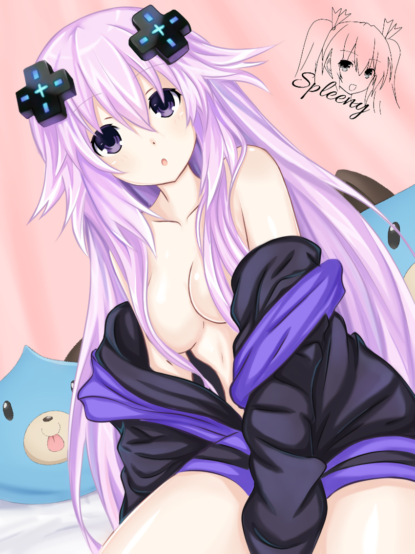 1girls adult_neptune bare_shoulders bed black_dress breasts dogoo dress highres hood hoodie long_hair looking_at_viewer neptunia_(series) on_bed ornament pink_hair purple_eyes sitting sitting_on_bed spleeny