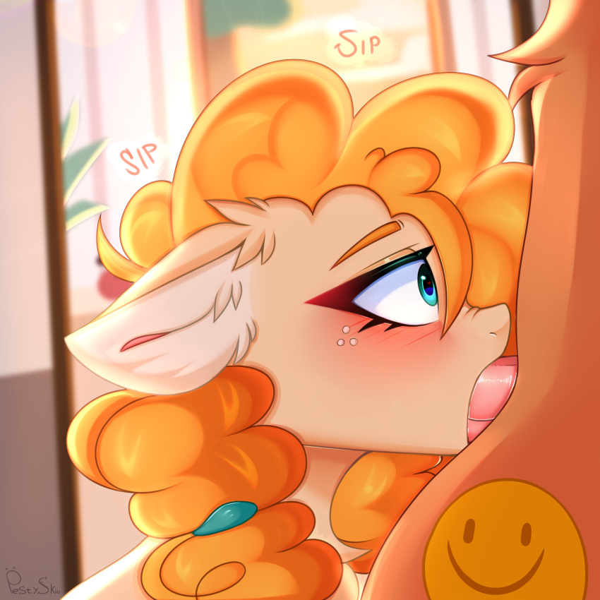 1:1 2020 absurd_res blurred_background blush cutie_mark deep_throat deepthroat digital_media_(artwork) duo earth_pony equid equine eyebrows faceless_male fan_character feral friendship_is_magic furry genitals ginger hi_res horse male mammal my_little_pony oral oral_sex pear_butter_(mlp) penis pesty_skillengton pony sex side_view solo_focus