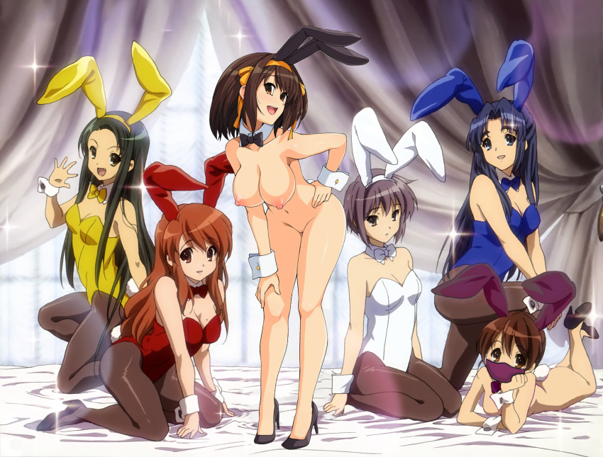 6+girls asahina_mikuru asakura_ryouko breasts brown_eyes brown_hair bunny_ears bunnysuit face_mask female hairband haruhisky heels kneeling large_breasts leaning_forward leotard multiple_girls nagato_yuki nipples nude pussy sasaki standing suzumiya_haruhi suzumiya_haruhi_no_yuuutsu the_pose thighs tsuruya uncensored