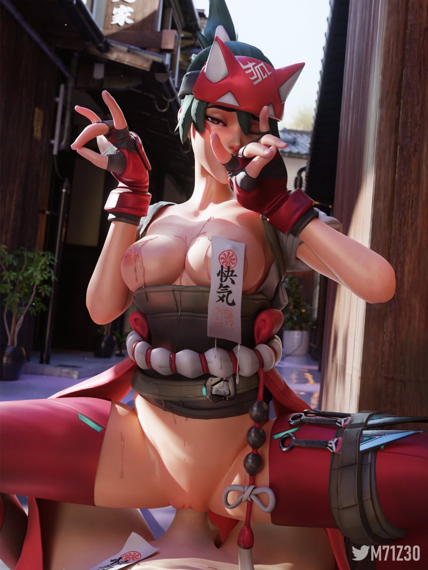 3d asian asian_female breasts green_hair japanese japanese_female japanese_text kiriko_(overwatch) m71z30 male male_pov overwatch overwatch_2 penis pov riding riding_penis