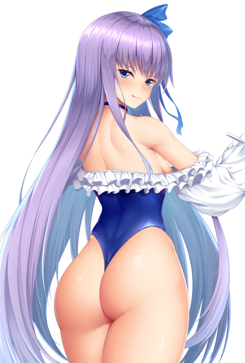 ass backboob blue_eyes dat_ass fate/grand_order fate_(series) female hair_ornament long_hair looking_back medium_breasts meltryllis_(swimsuit_lancer)_(fate) one-piece_swimsuit purple_hair skimpy_clothes swimsuit thong thong_leotard zuizhong