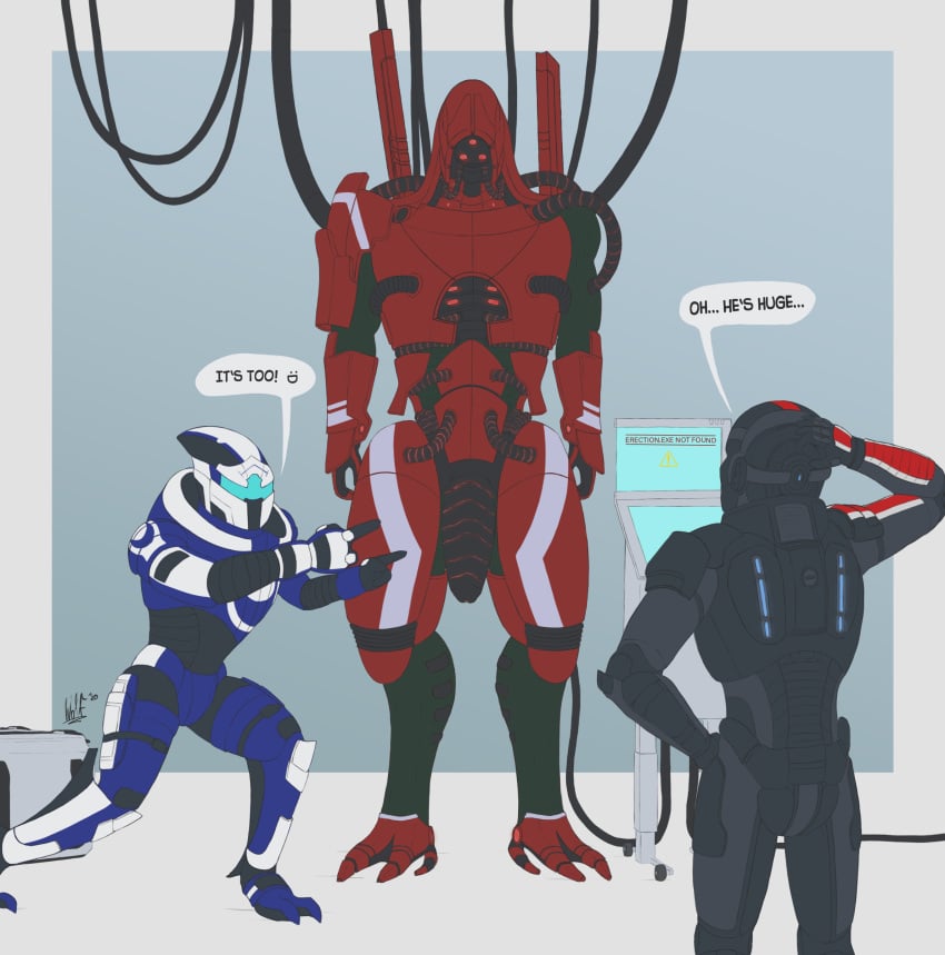 absurd_res alien anthro arm_above_head arm_on_leg armor big_penis box colored console english_text genitals geth geth_prime group headgear helmet hi_res light lighting machine male male_focus male_only mass_effect muscular penis red_body red_eyes robot simple_background size_difference speech_bubble standing text turian video_games wire wolfarion