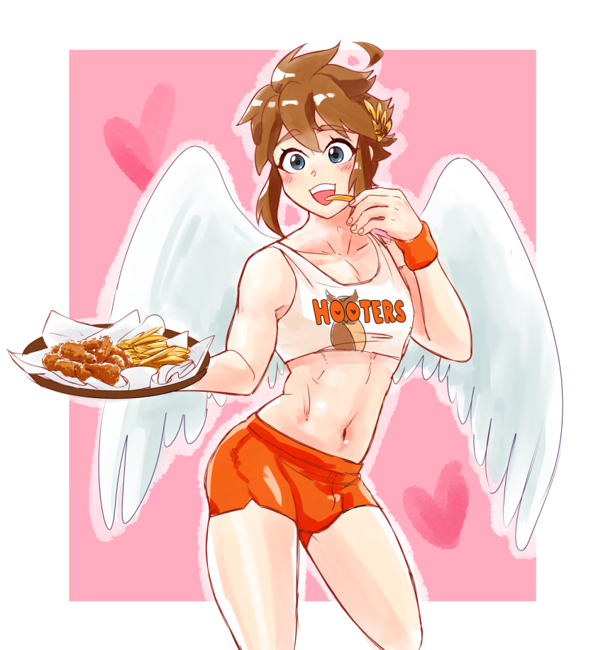 1boy 2020 angel bare_shoulders blue_eyes blush brown_hair bulge chicken_nuggets fast_food fast_food_uniform femboy femboy_hooters food fries gym_shorts hooters kid_icarus looking_at_viewer male male_only navel orange_shorts pink_background pit_(kid_icarus) png shorts smile soft_sizzle solo tank_top tomgirl trap white_wings wings