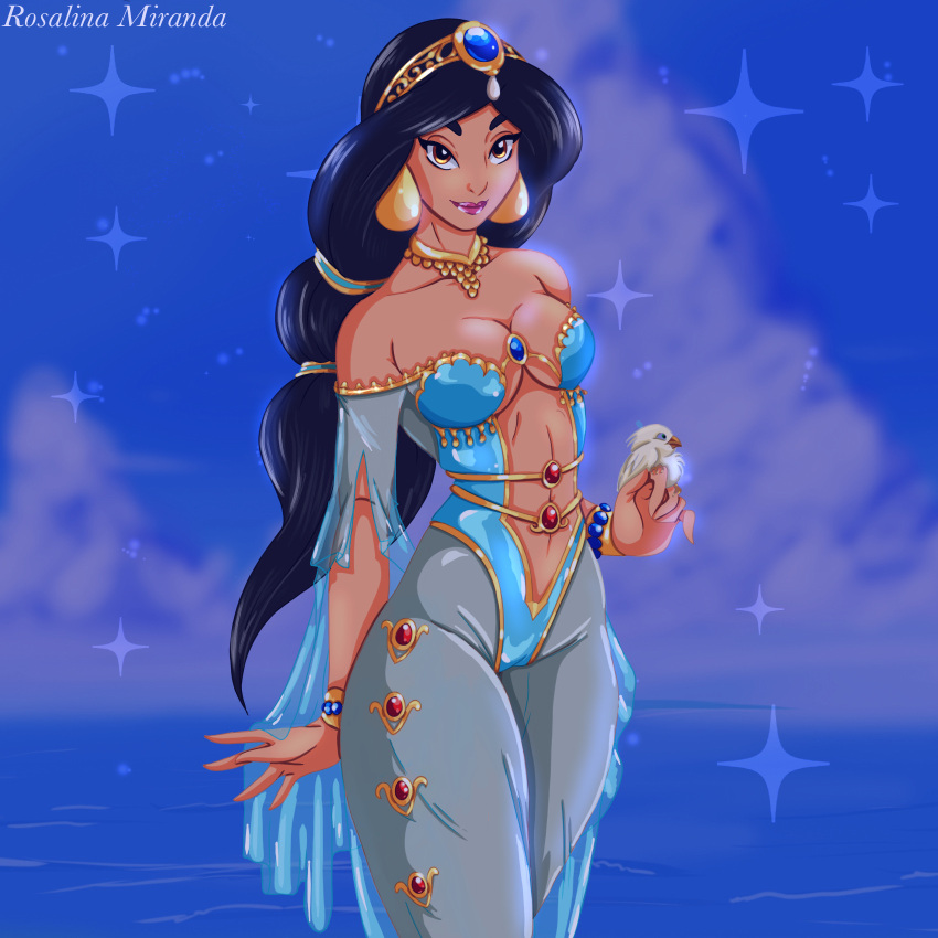 1girls aladdin aladdin_(1992_disney_film) arabian belly_dancer belly_dancer_outfit black_hair brown_eyes dancer dancer_outfit dark-skinned_female disney disney_princess harem_girl harem_outfit harem_pants jewelry large_breasts long_hair mshowllet princess_jasmine voluptuous