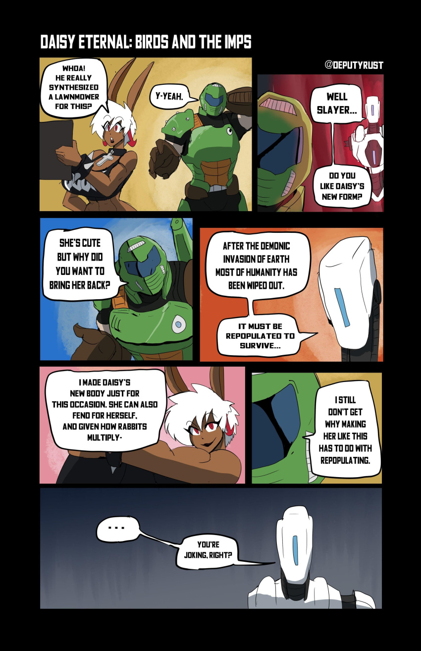 1girls 2boys abs anthro big_breasts bunny_ears cleavage clothed comic daisy_(deputyrustart)​ daisy_(doom) daisy_eternal_(deputyrustart)​ dark-skinned_female dark_skin deputyrust doom doom_slayer_(doom) earrings english_text female funny furry male male_human/female_anthro midriff monster_girl muscular_female rabbit robot samuel_hayden_(doom) shirt tank_top text white_hair