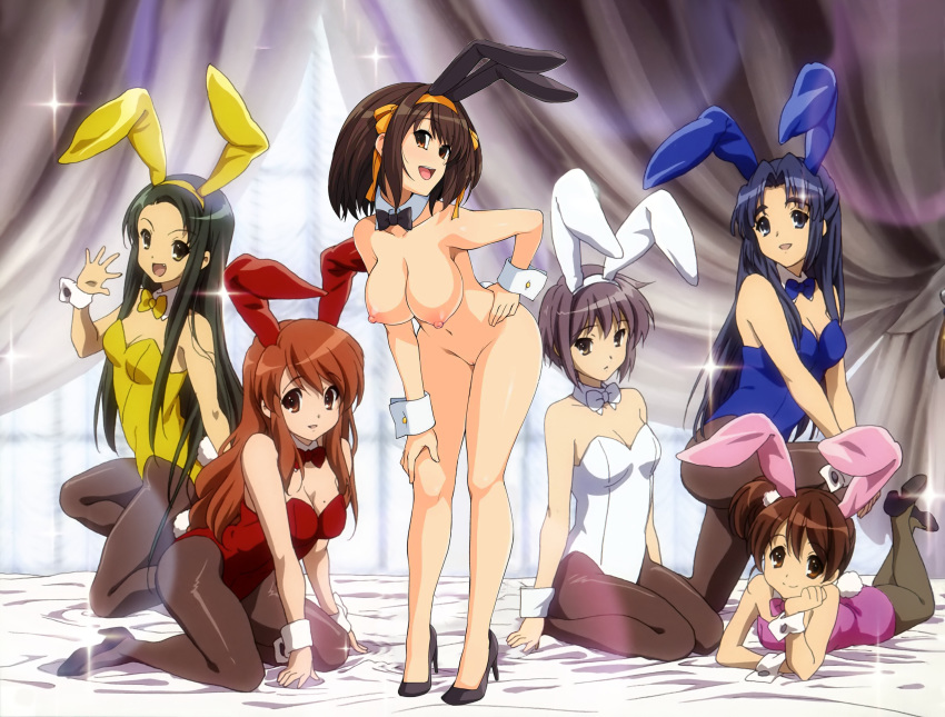 6+girls asahina_mikuru asakura_ryouko breasts brown_eyes brown_hair bunny_ears bunnysuit female hairband haruhisky heels large_breasts leaning_forward multiple_girls nagato_yuki nude pussy sasaki standing suzumiya_haruhi suzumiya_haruhi_no_yuuutsu thighs tsuruya uncensored