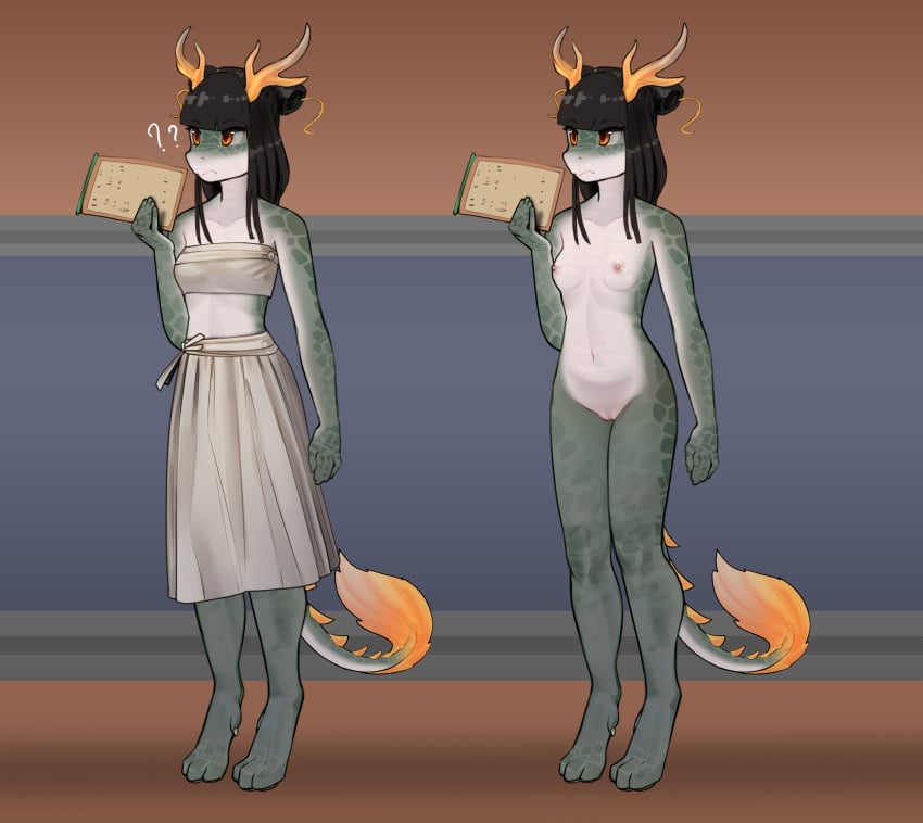 anotherpicq anthro breasts dark_hair dragon female green_body hi_res horn model_sheet nude orange_eyes simple_background small_breasts solo tail