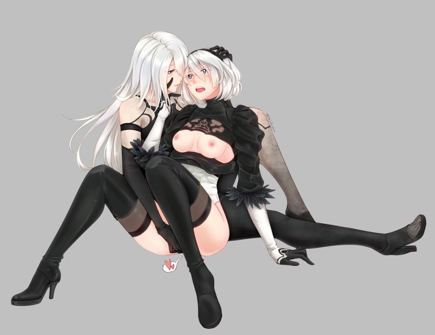 2girls artist_request boobs breasts female female_only fingering nier:_automata source_request yorha_2b yorha_a2 yuri